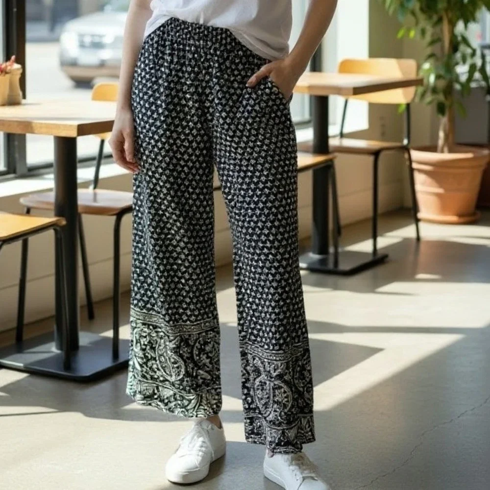 Roxy Womens Wide Leg Smocked Waist Boho Geometric‎ Print Viscose Pants Black M